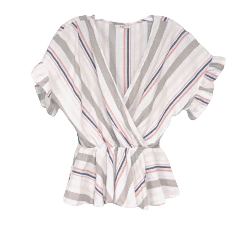 Mi Ami | Faux Wrap Peplum Striped Ruffle Sleeve Top Blouse